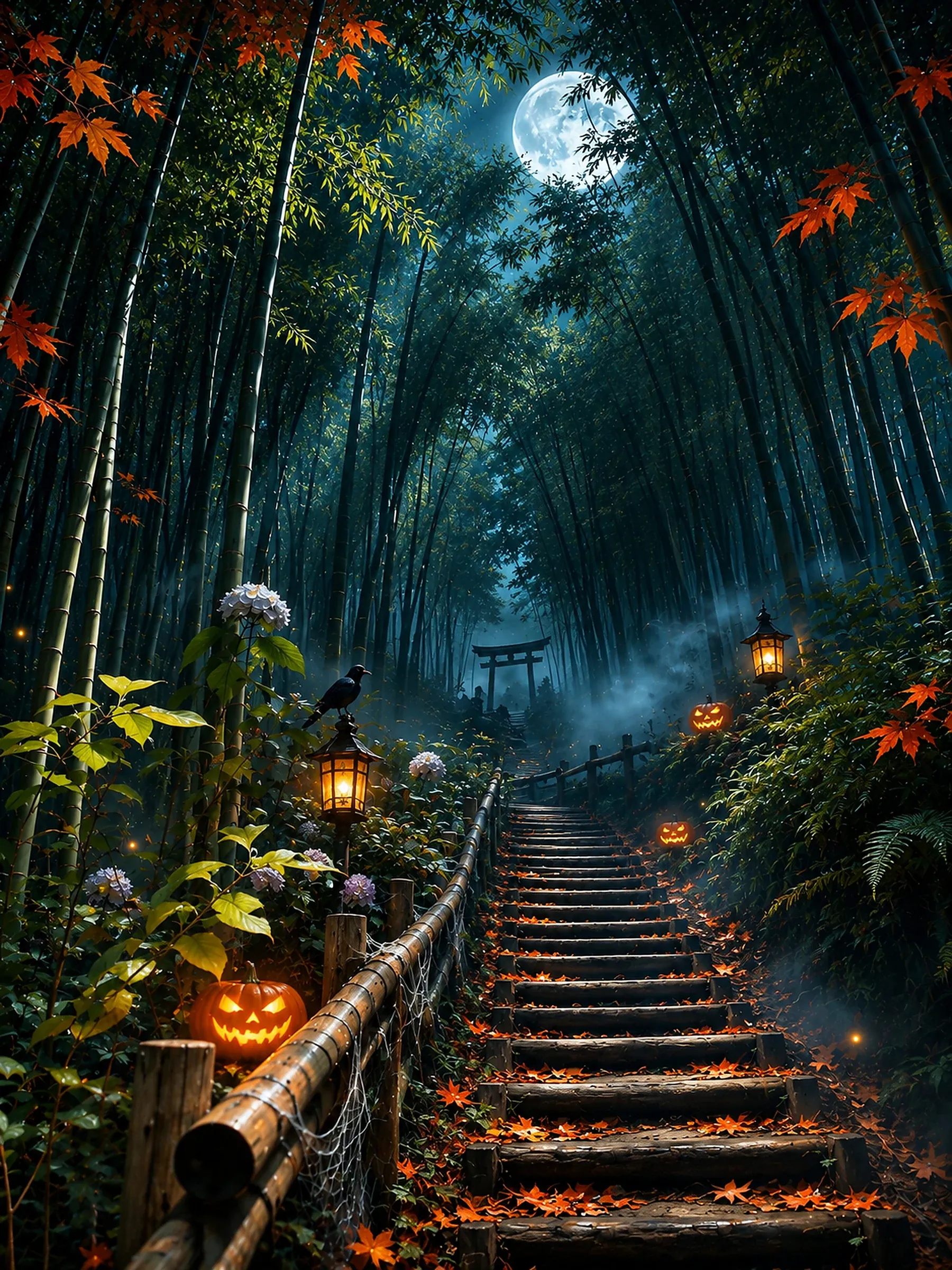 Wooden staircase between bamboo, with lanterns, carved pumpkins and a crow perched under the full moon.