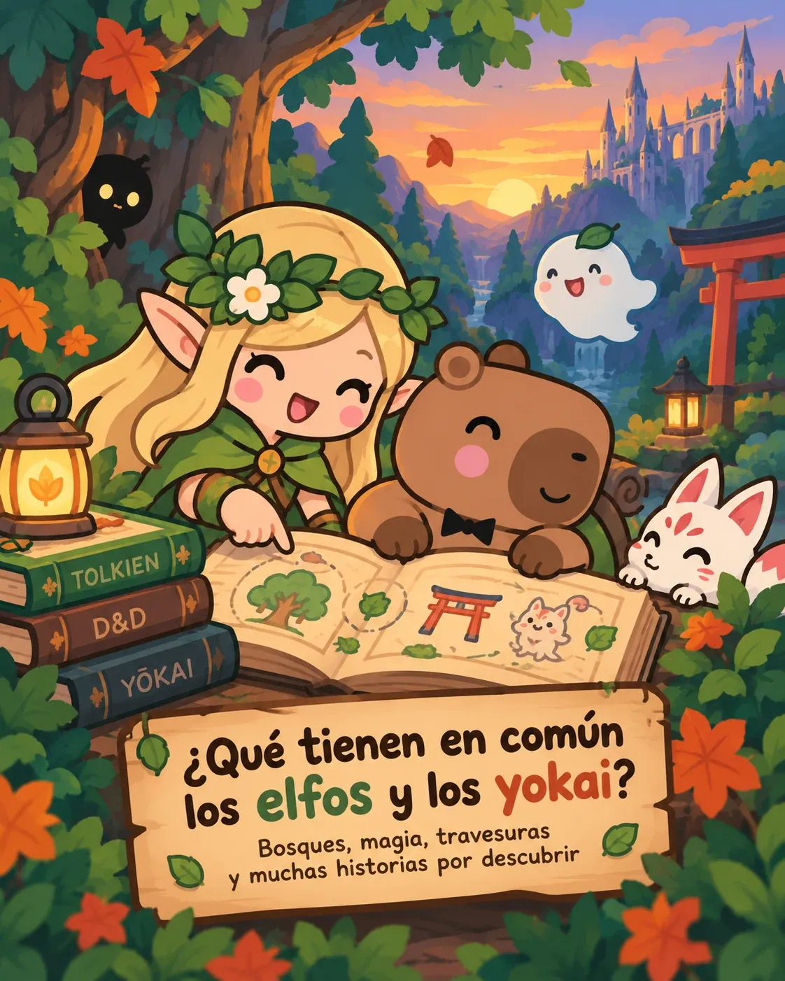Elfa rubia con corona de hojas señala un libro abierto junto a un capibara sonriente, un fantasma y un zorro blanco.