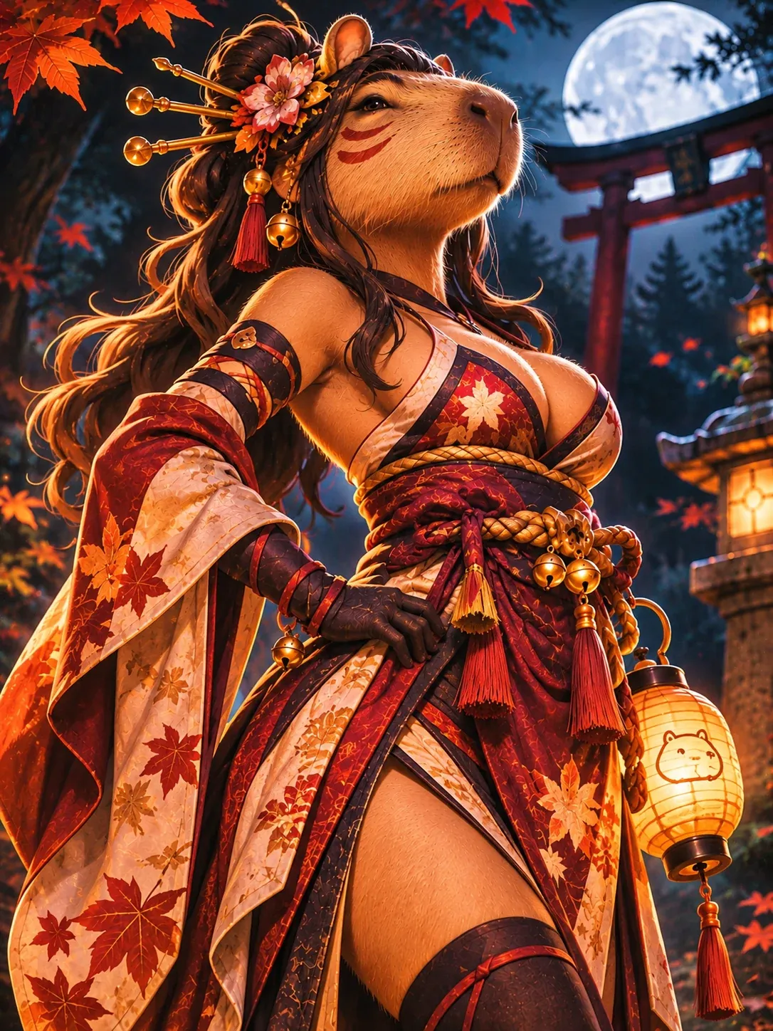 Figure with a capybara head, a maple leaf kimono and a lit lantern under the full moon.